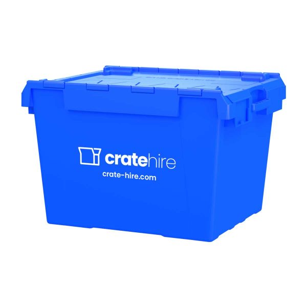 small IT/computer moving crate - 140L blue - crate hire logo on side